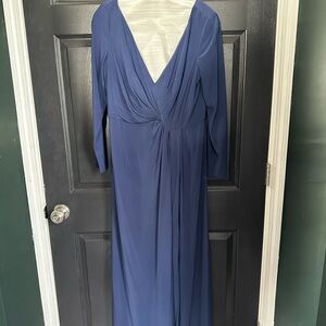 David's Bridal Blue Ruched Wrap Gown with Dolman Sleeves